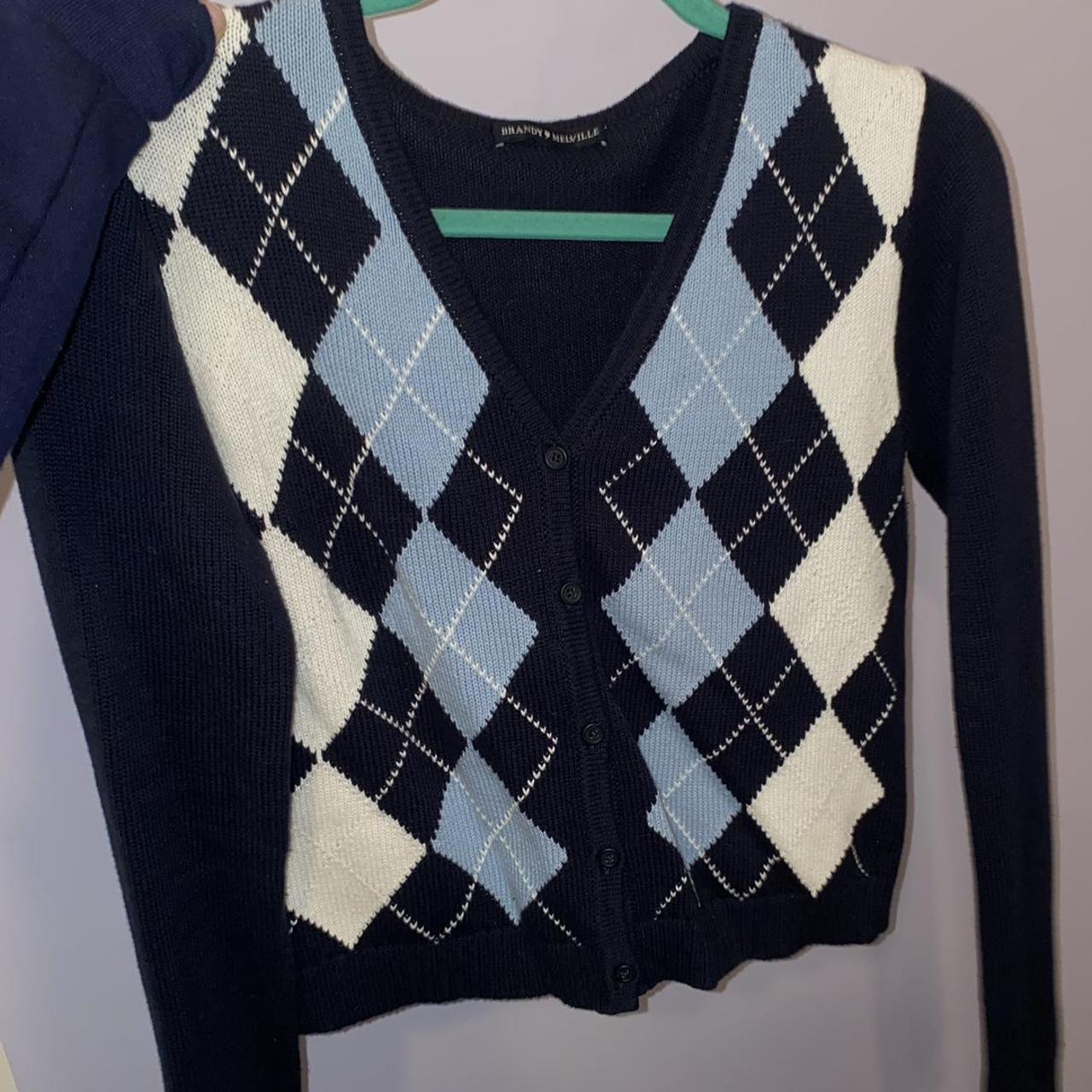 Brandy Melville Women's White and Blue Cardigan Depop