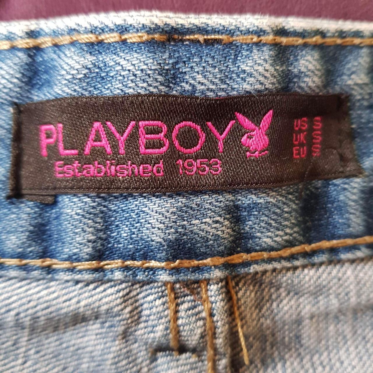 vintage y2k Playboy denim skirt shown on a size 8... - Depop