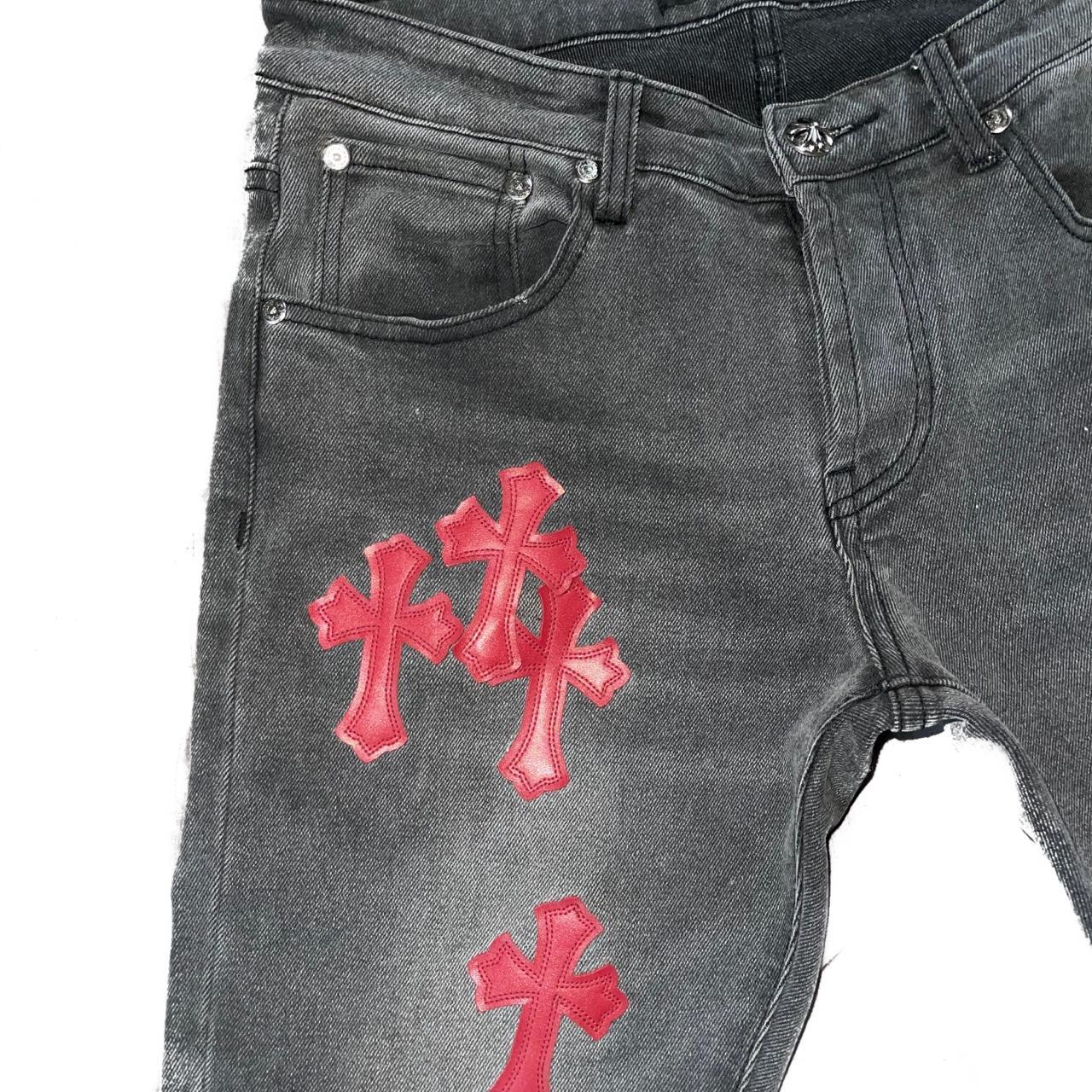 Chrome Hearts Fitted Grey Denim Red Cross Patch Jeans - Depop
