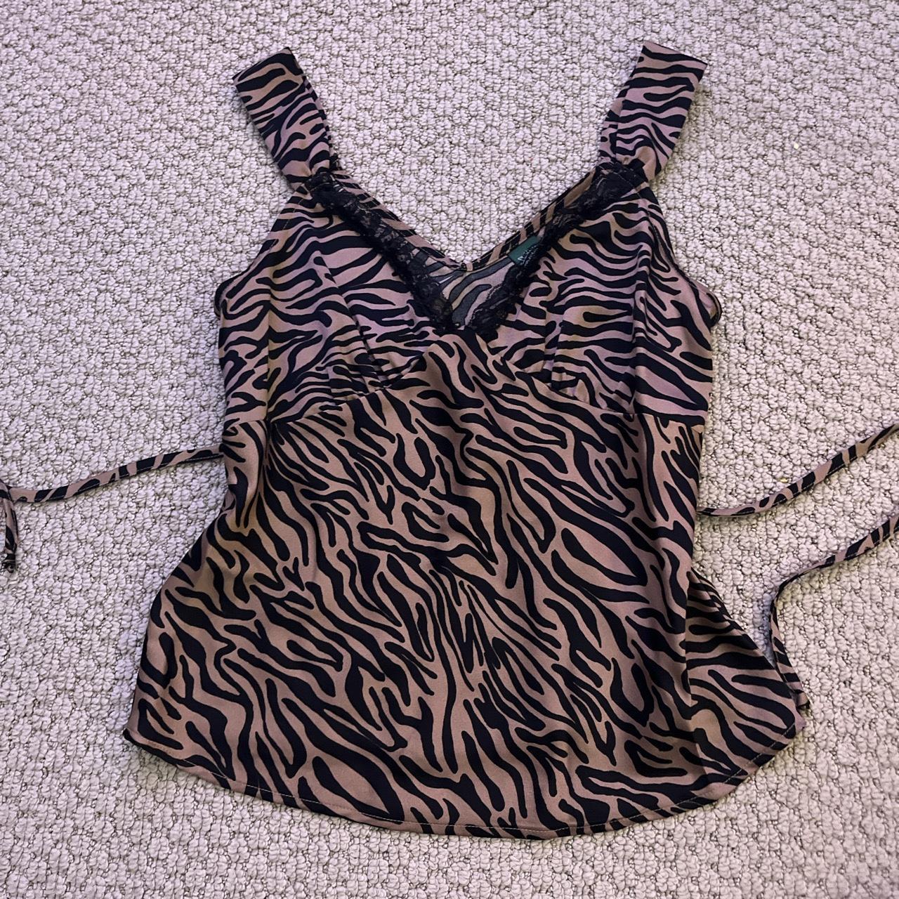 Y2K zebra print mcbling tank top with lace trim... - Depop