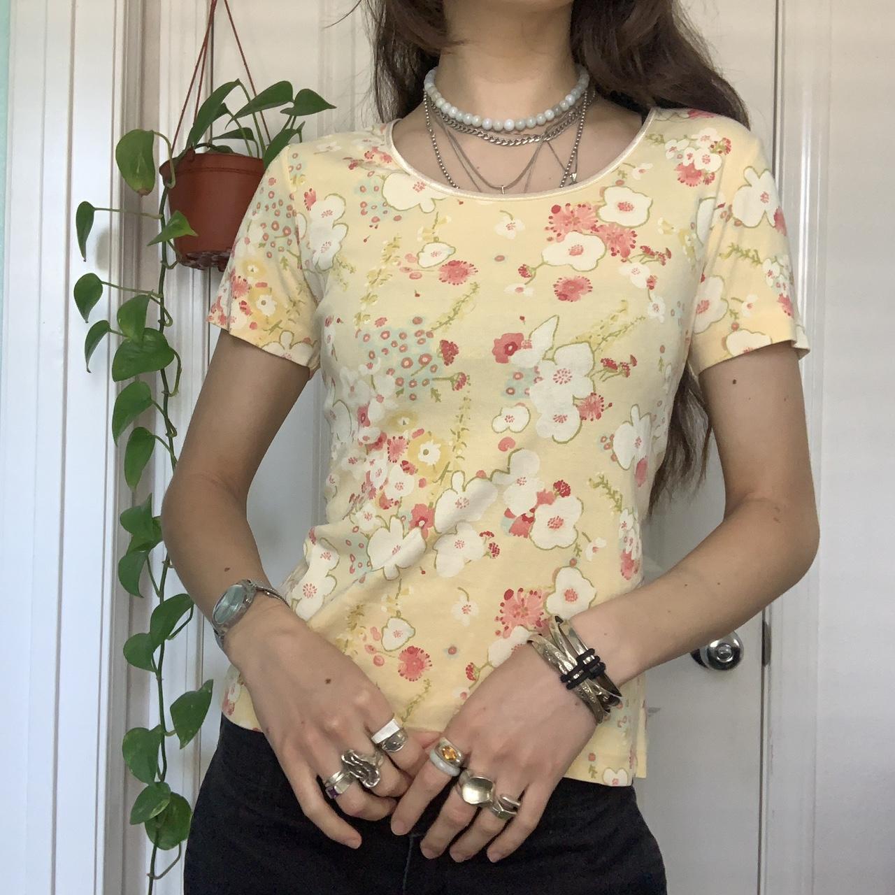 J. Jill Women's Yellow and Pink Tshirt Depop