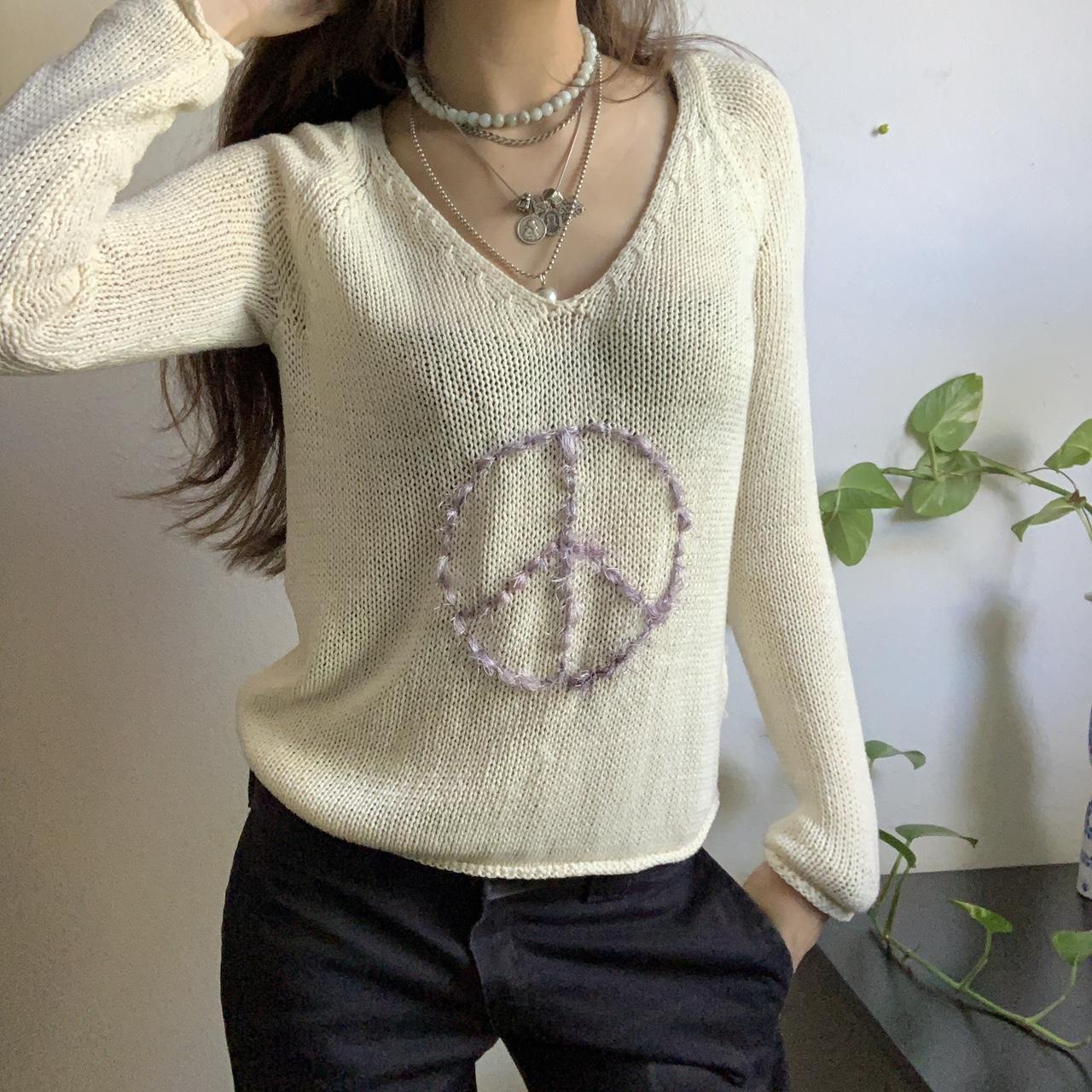 White peace sign sweater 🍇 Creamy white base with a... - Depop