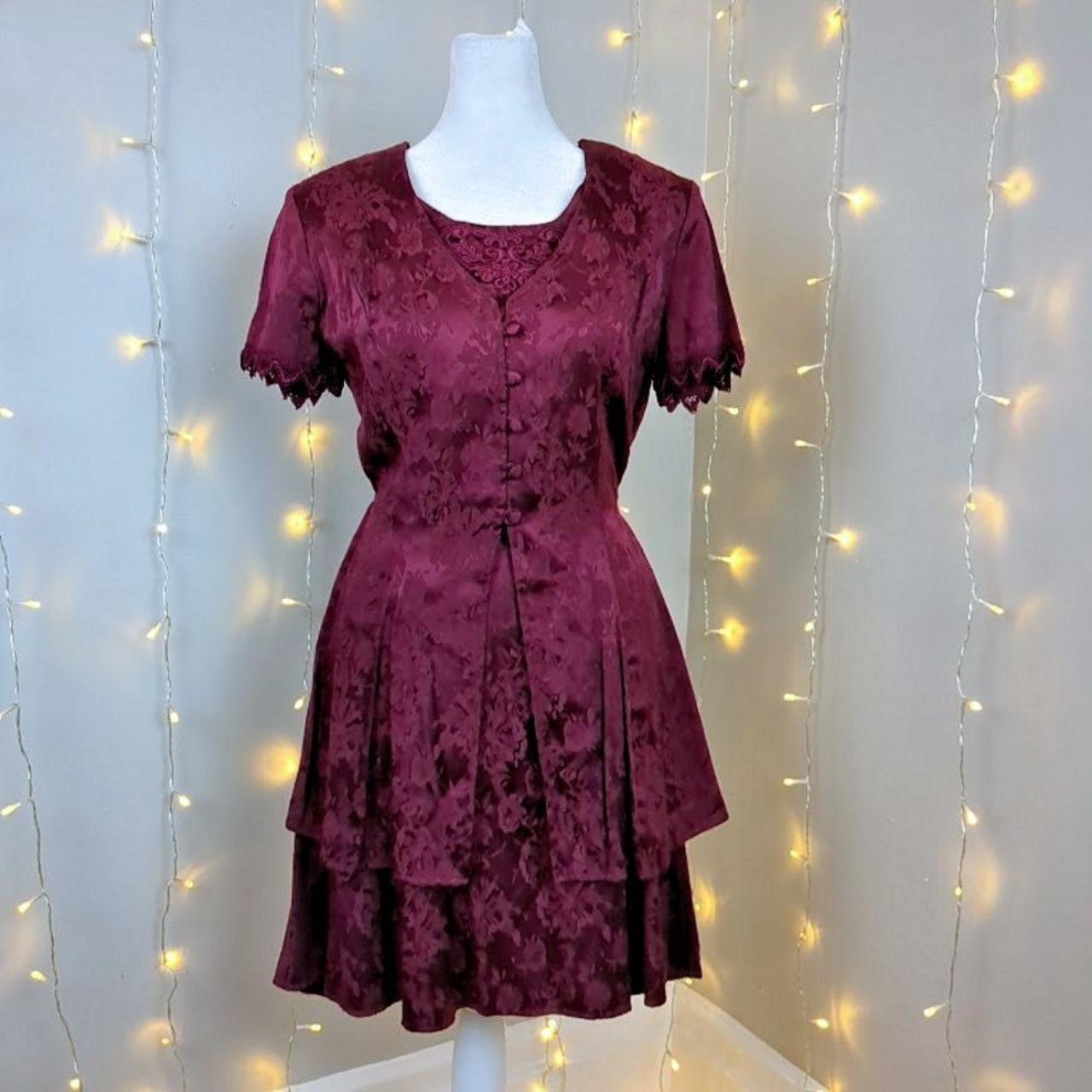 Unbranded vintage 90s maroon mini dress. Floral... - Depop