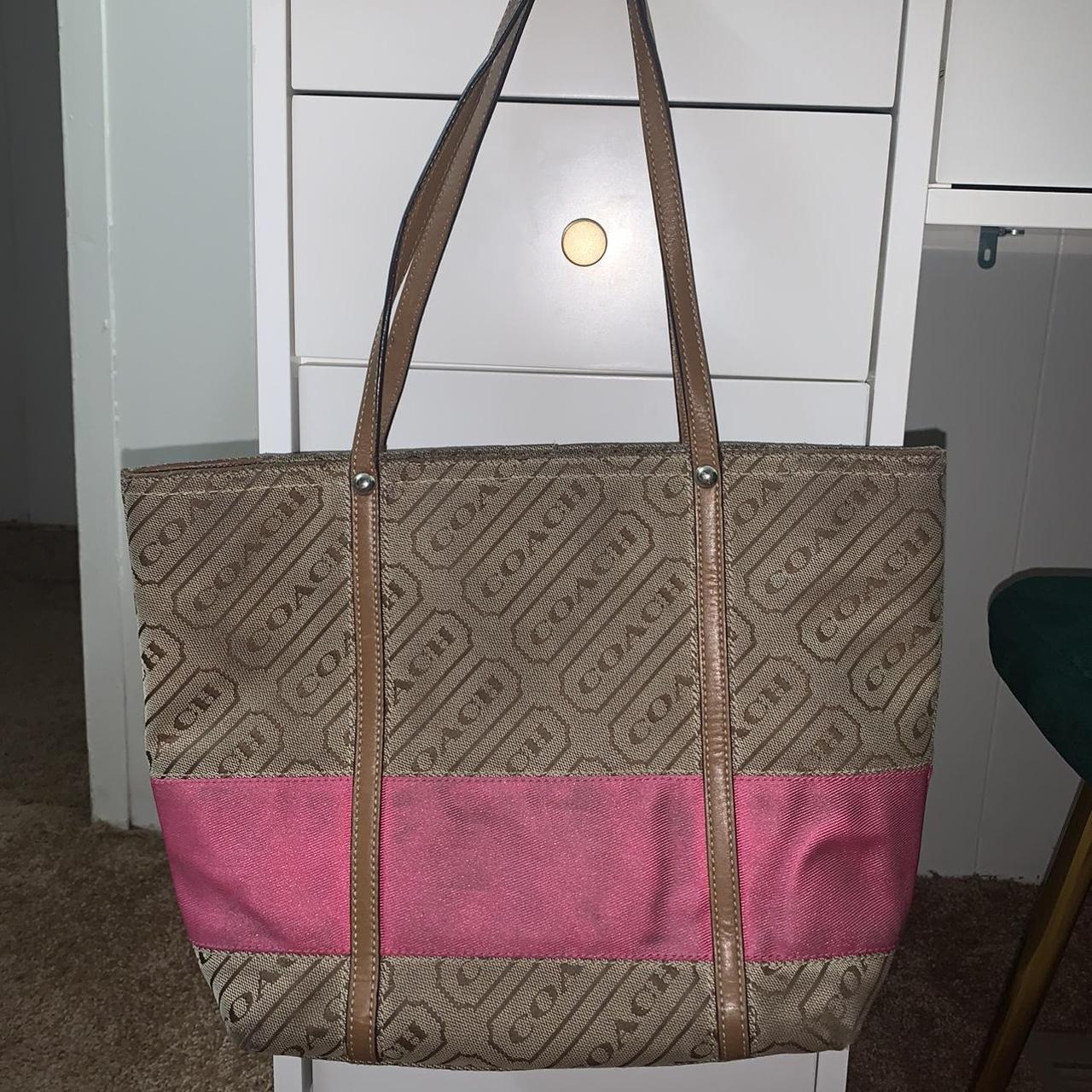 Dark brown coach handbag. Bag has pink strap & pink - Depop