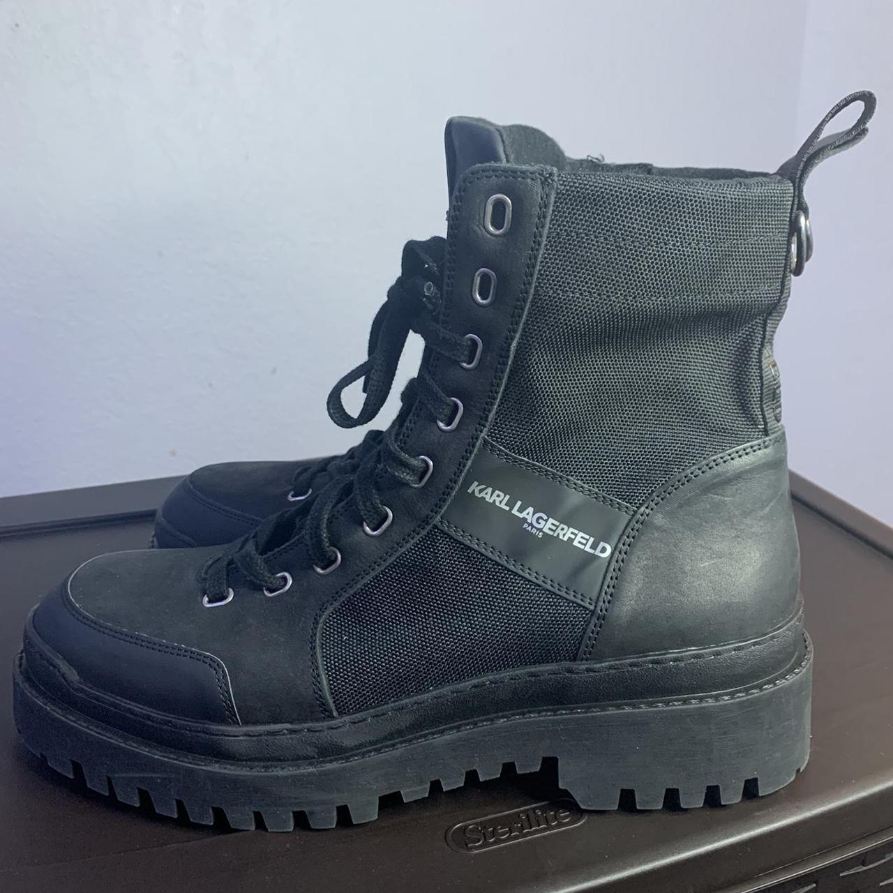 Karl Lagerfeld Paris Men’s Logo Combat Boots in Black - Depop