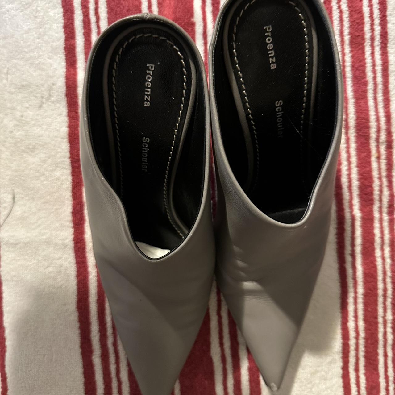 Grey pointed toe mules w mirrored heel. Wear on Depop