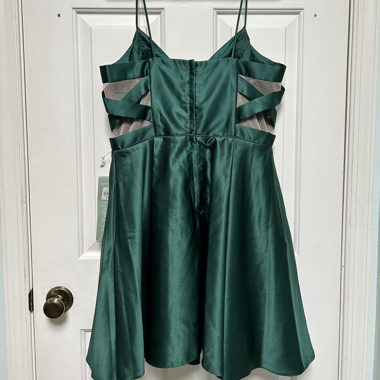 Emerald green silky party dress with mesh side... - Depop