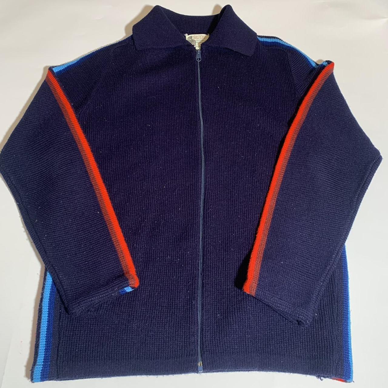 70s Navy Striped Zip Up Sweater Size Large This... - Depop