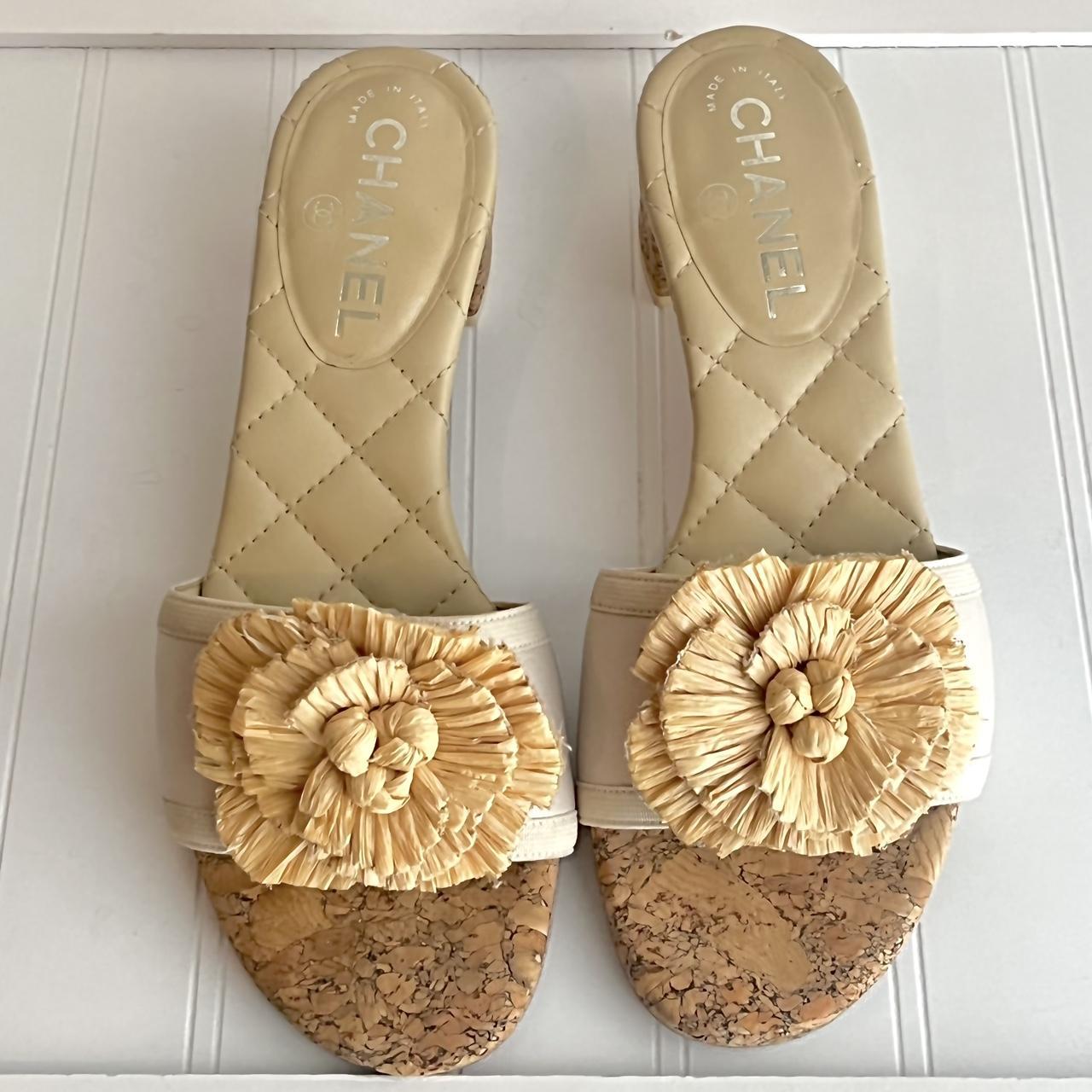 Chanel Tan Leather Cork Straw Women Sandals Mules EU - Depop