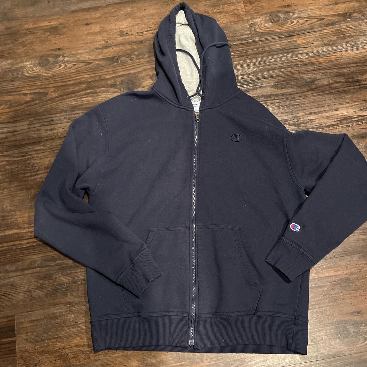 Dark blue Champion zip-up Hoodie Size: L Used... - Depop