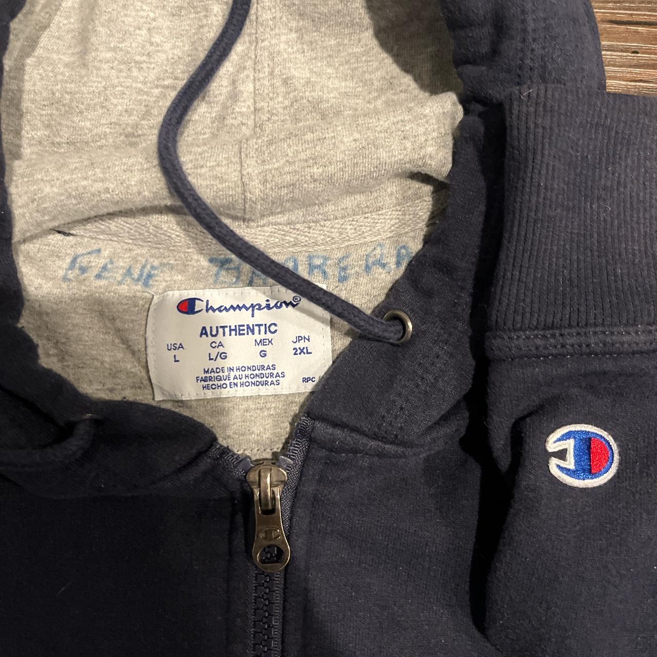 Dark blue Champion zip-up Hoodie Size: L Used... - Depop