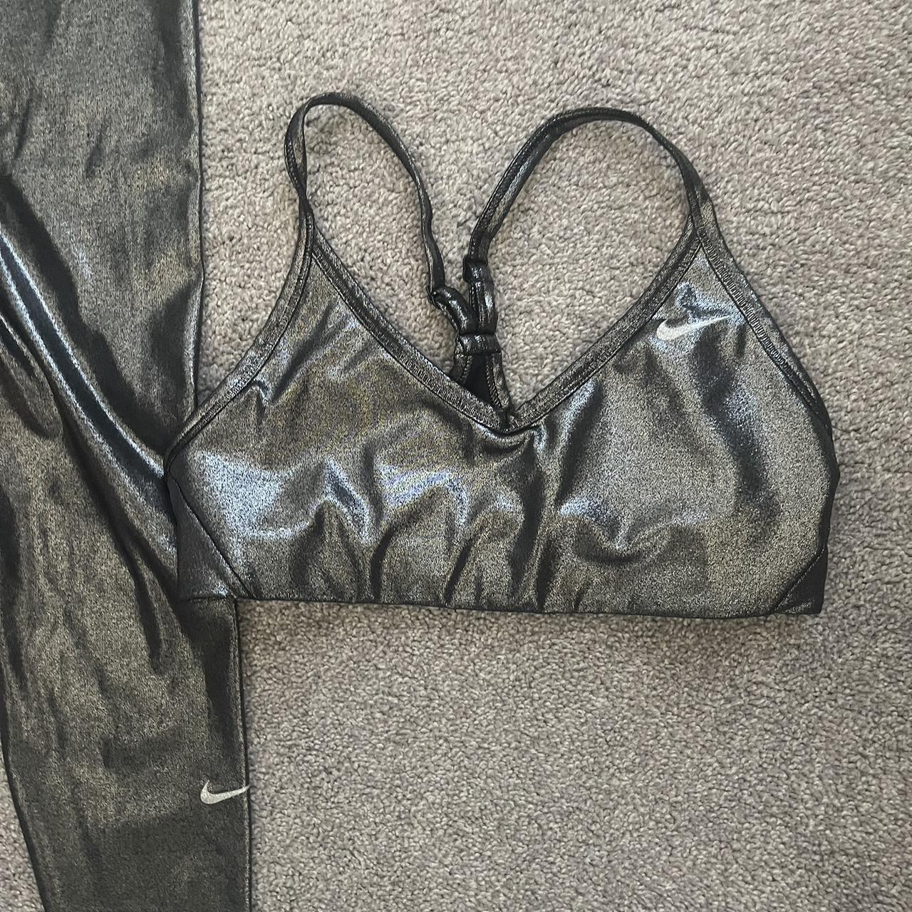 Small silver shiny leggings and bra workout set - Depop