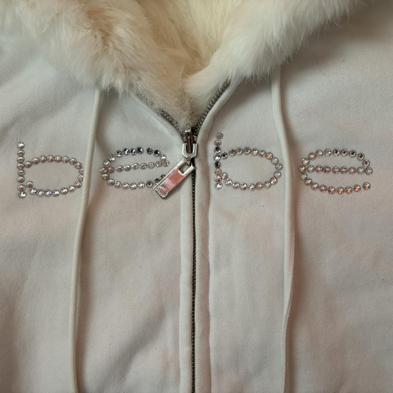 Bebe Zip Up Sweater with Fur Trim Hood and Pom | Depop