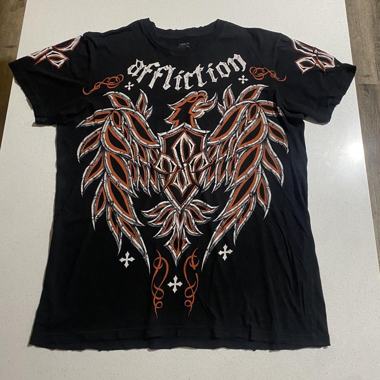 Affliction Men's Black and Orange T-shirt | Depop