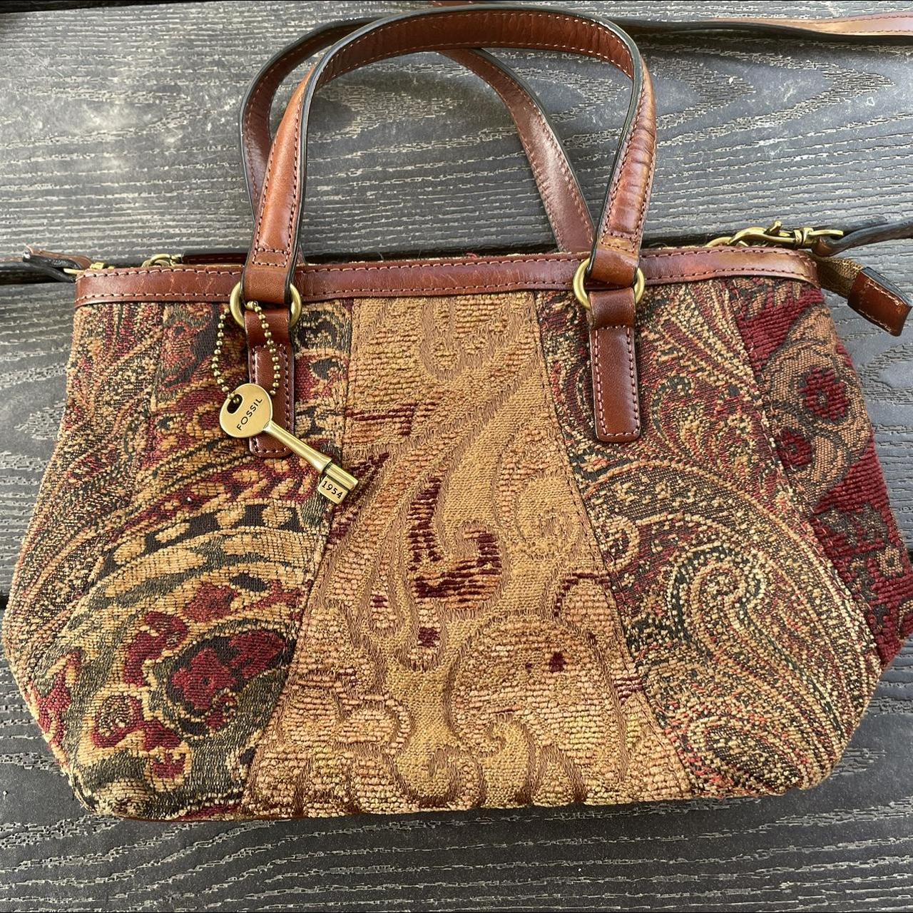 Fossil Brown Leather Floral Paisley Brocade Purse... - Depop