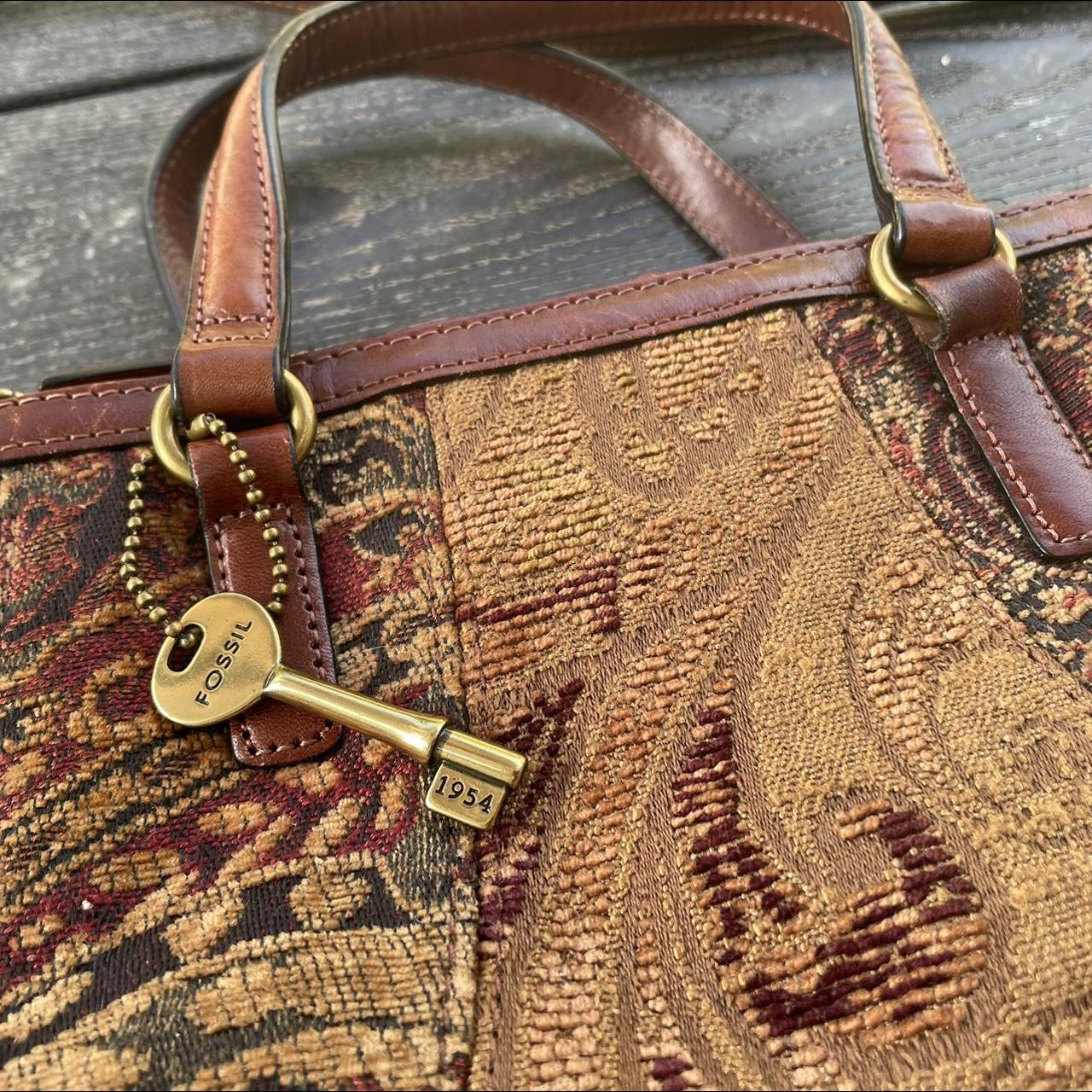 Fossil Brown Leather Floral Paisley Brocade Purse... Depop