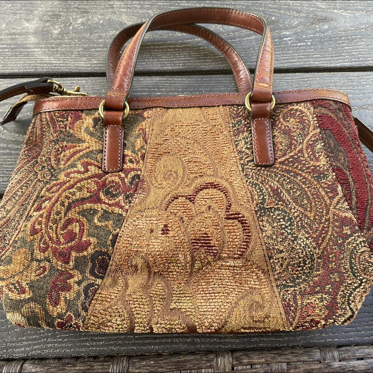 Fossil Brown Leather Floral Paisley Brocade Purse... - Depop