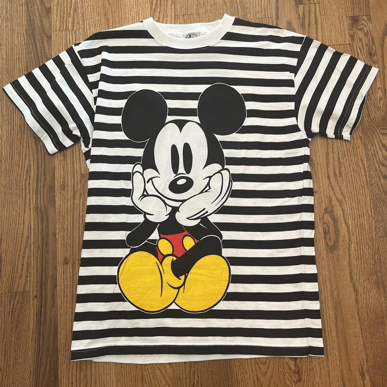 Vintage 90s Disney Mickey Mouse puff printed white hotsell grey striped t-shirt