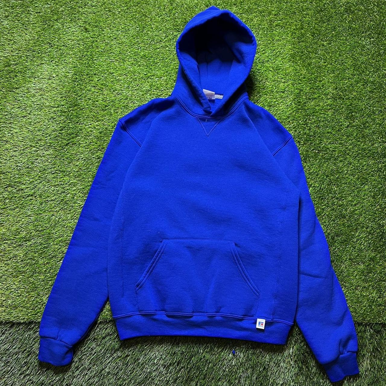 90s Russell Athletic Blue Blank Hoodie Size youth... Depop