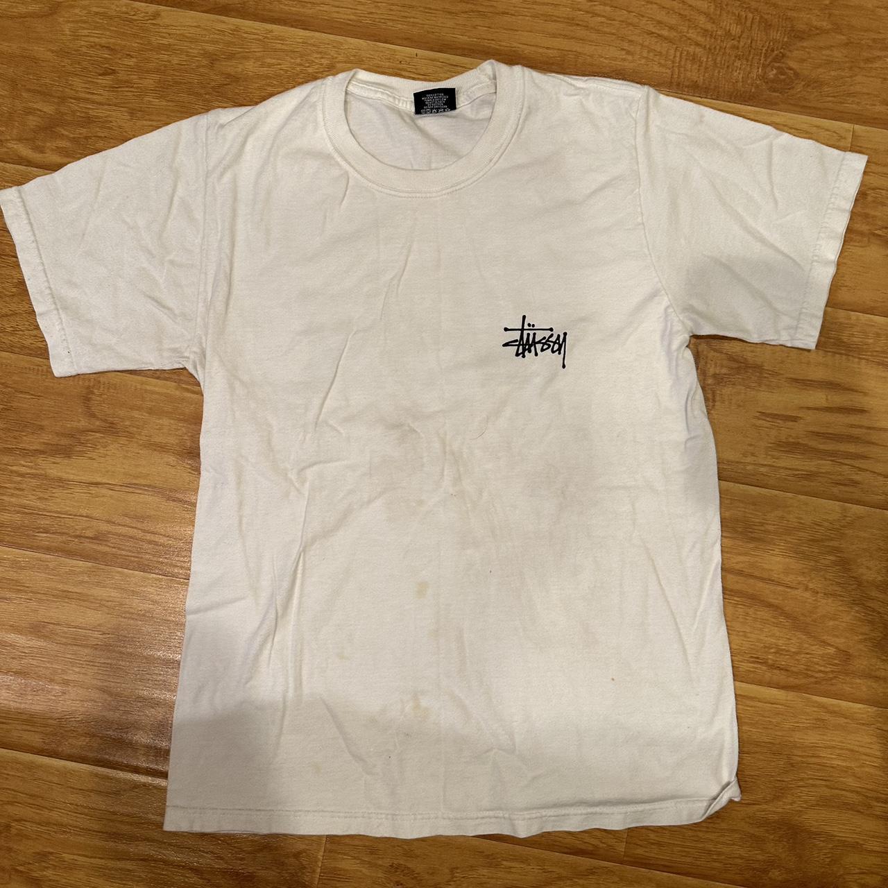 Basic white stussy logo t shirt Some stain in the... - Depop