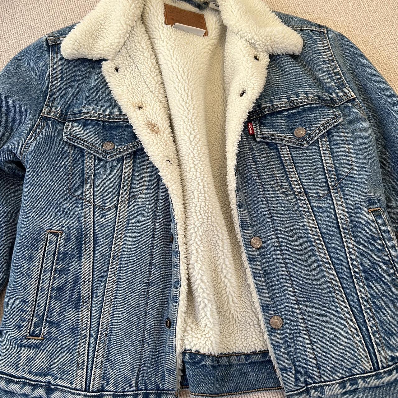 levi’s fluffy denim jacket stain on left side of the... - Depop