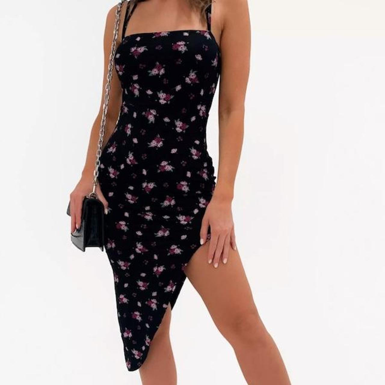 black floral asymmetric midi dress, size 10 from... - Depop