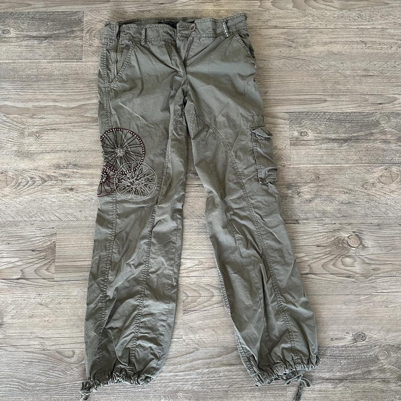 Y2K green cargo pants with floral embroidery y2k... Depop