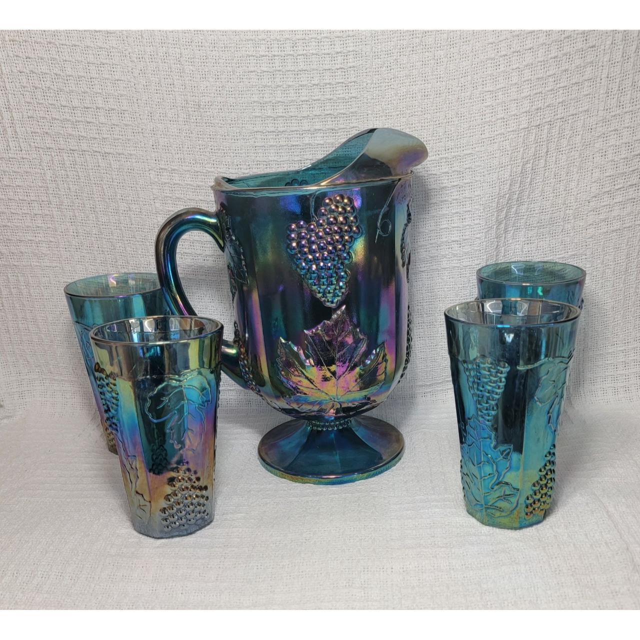 Vtg Indiana Glass Blue Harvest Grape Carnival popular Glass Pitcher & 2 Glasses