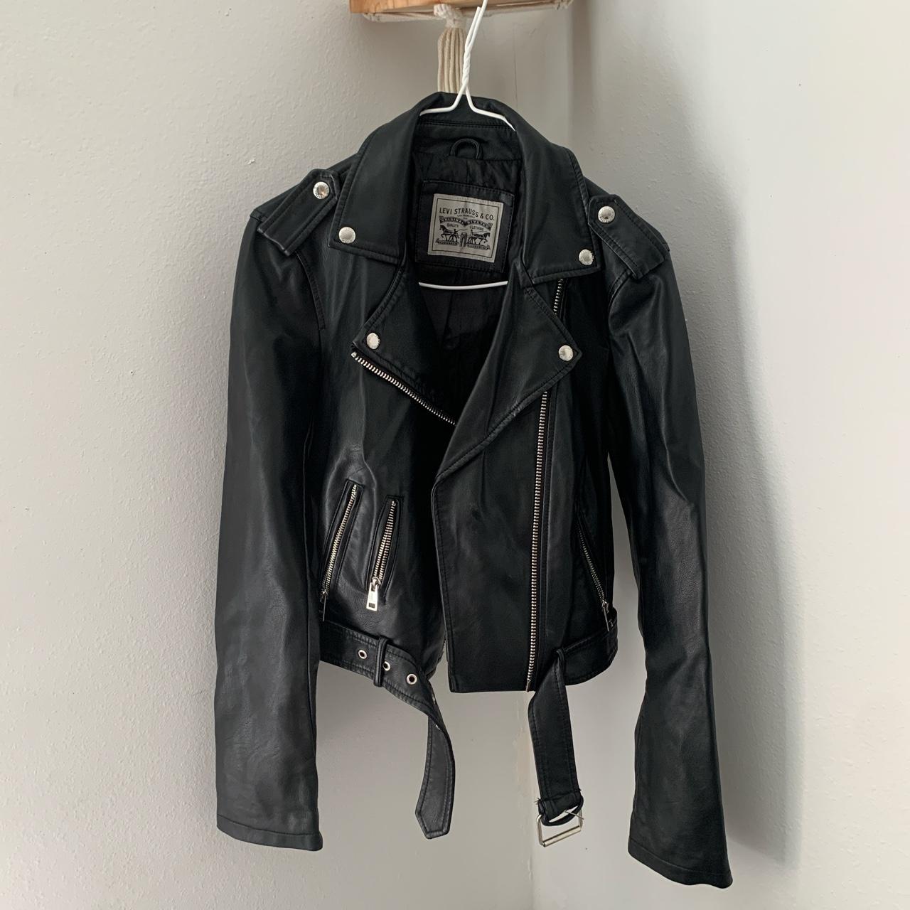 Levis black leather moto biker jacket size xs In... - Depop