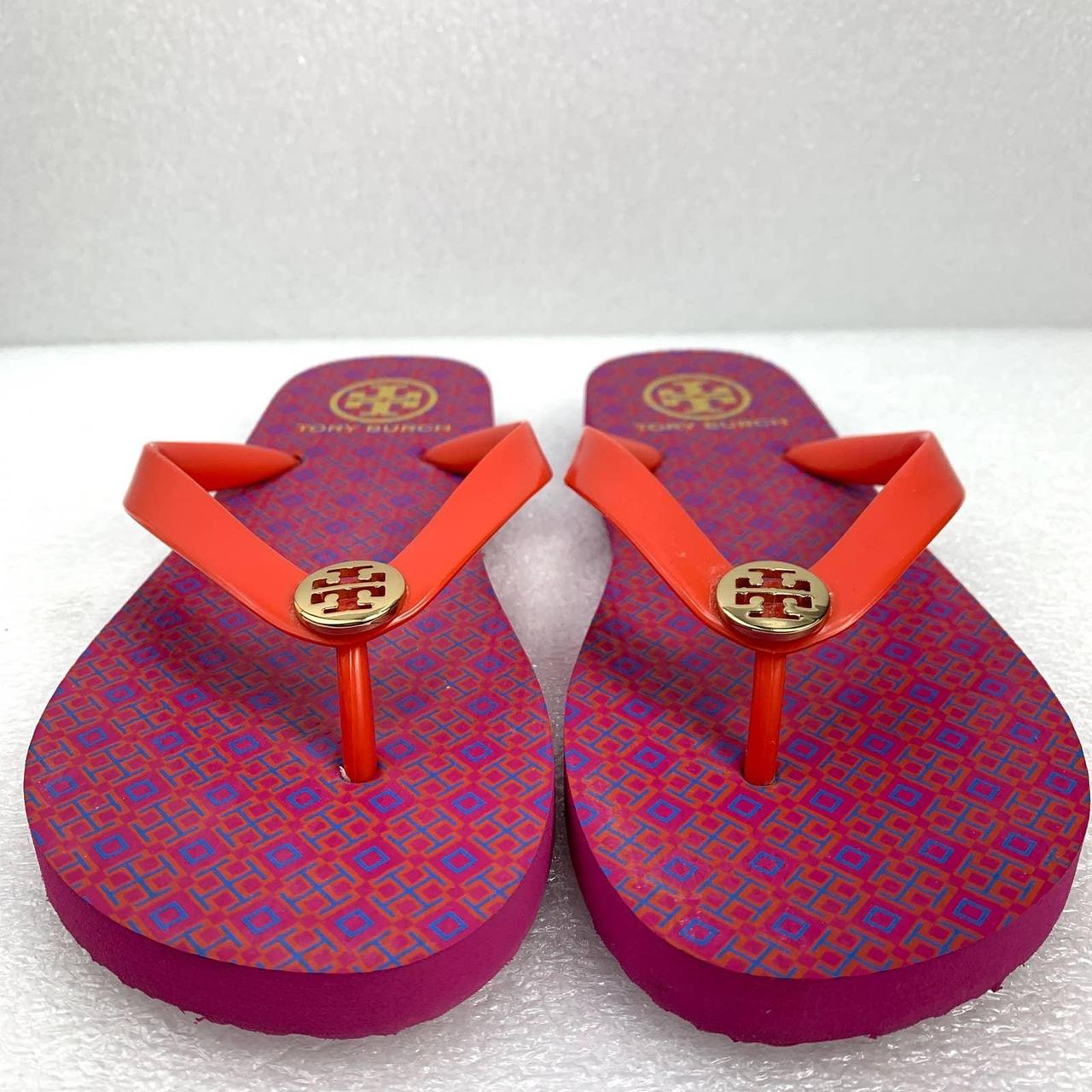 Tory Burch Logo Lattice Flipflop in Magenta... - Depop