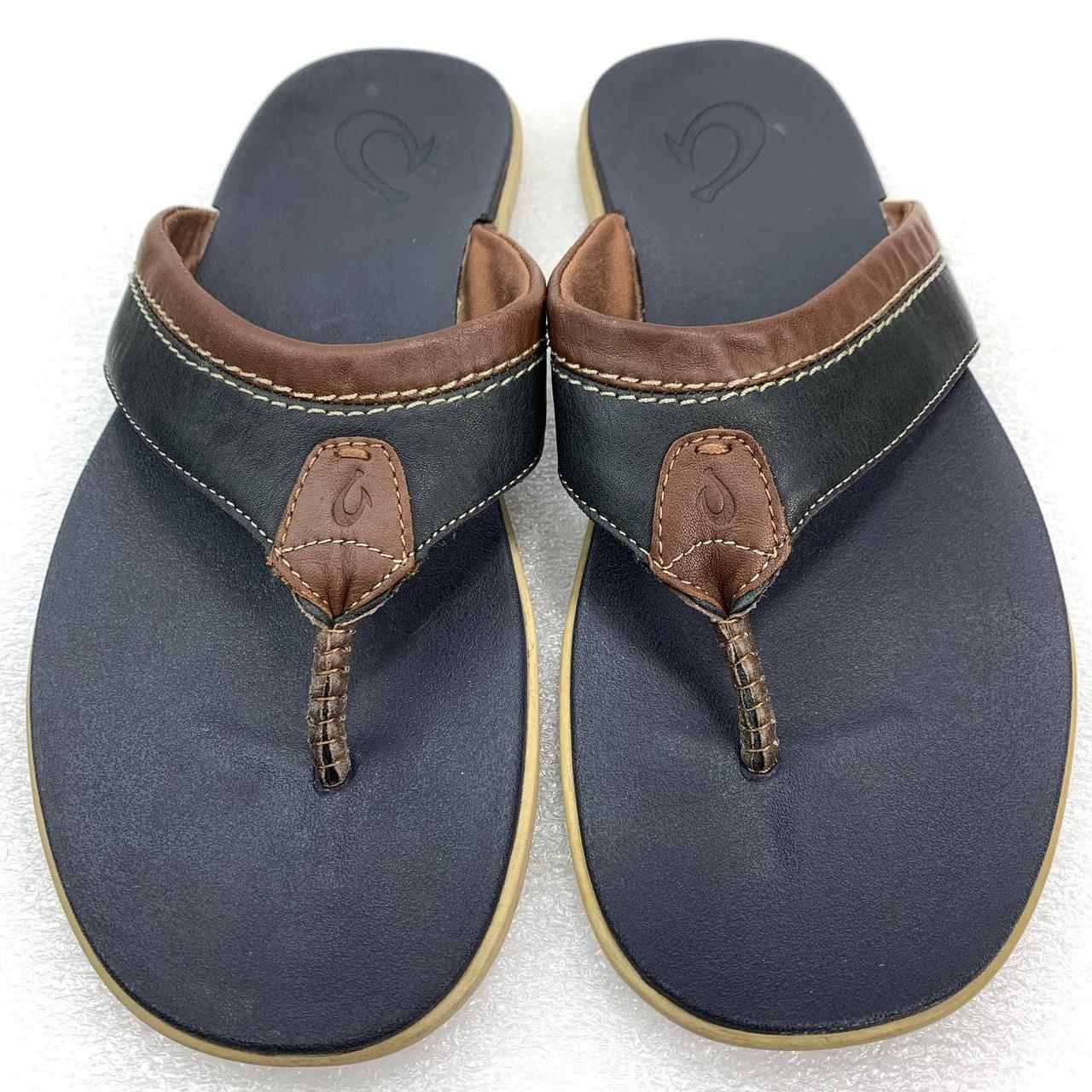 OluKai Polena Leather Flipflop Thong Sandals in Navy... - Depop