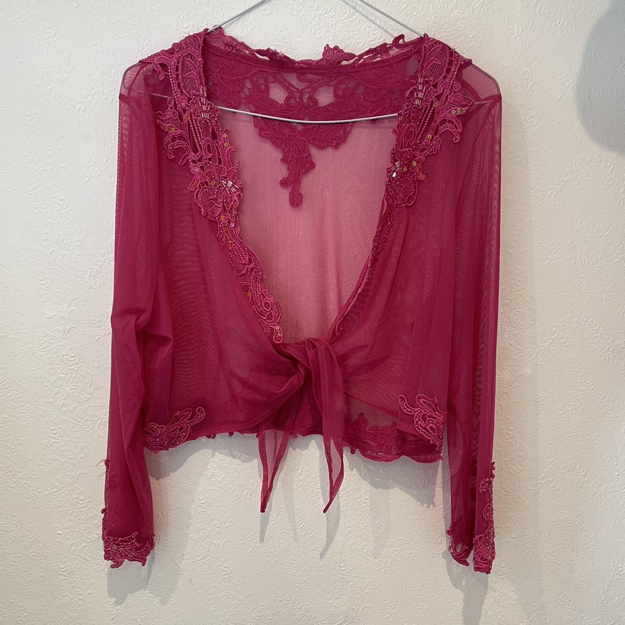 Y2k pink beaded mesh cover up cardigan. Such a... Depop