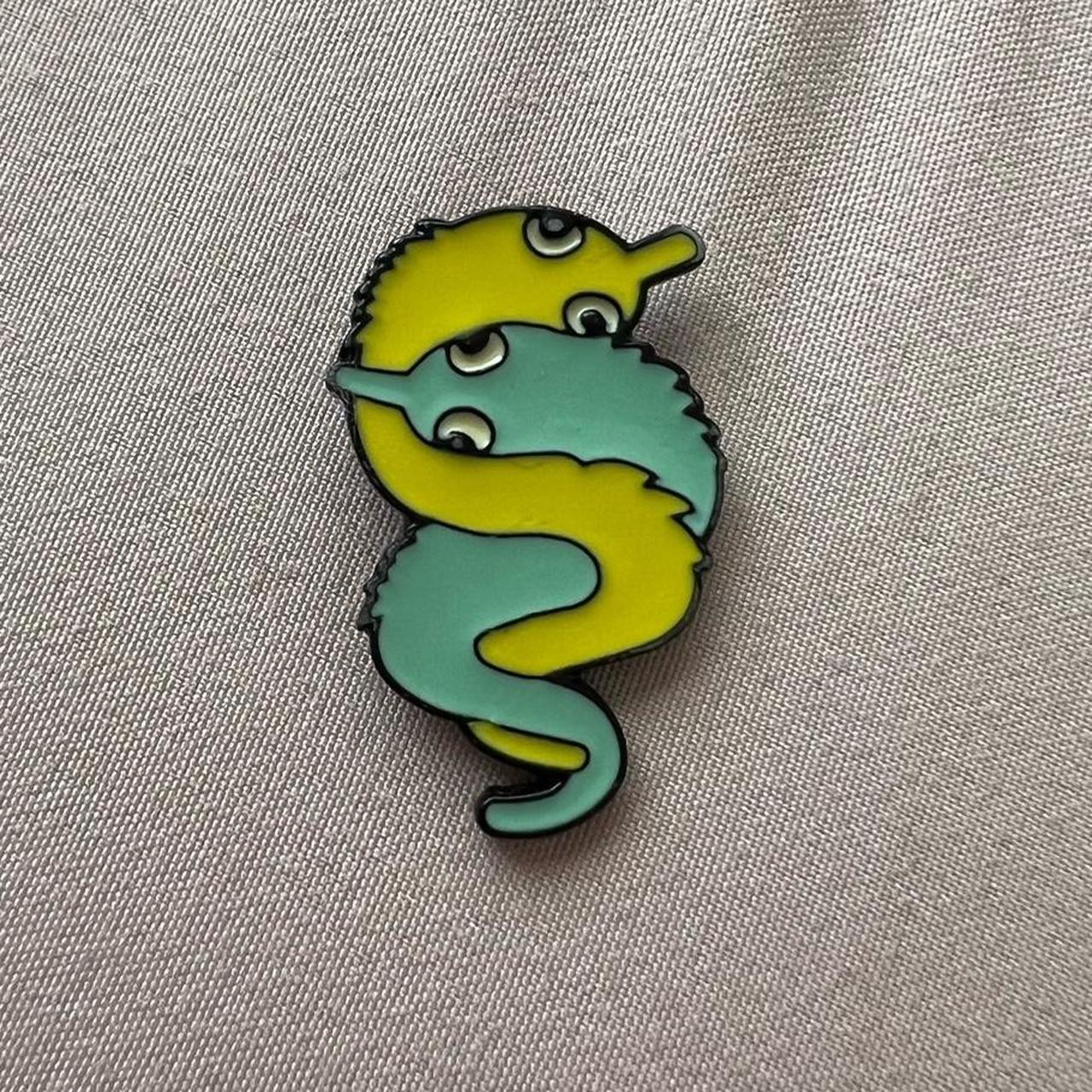 Yellow and Blue Worm on a String Enamel Pin Enamel... - Depop