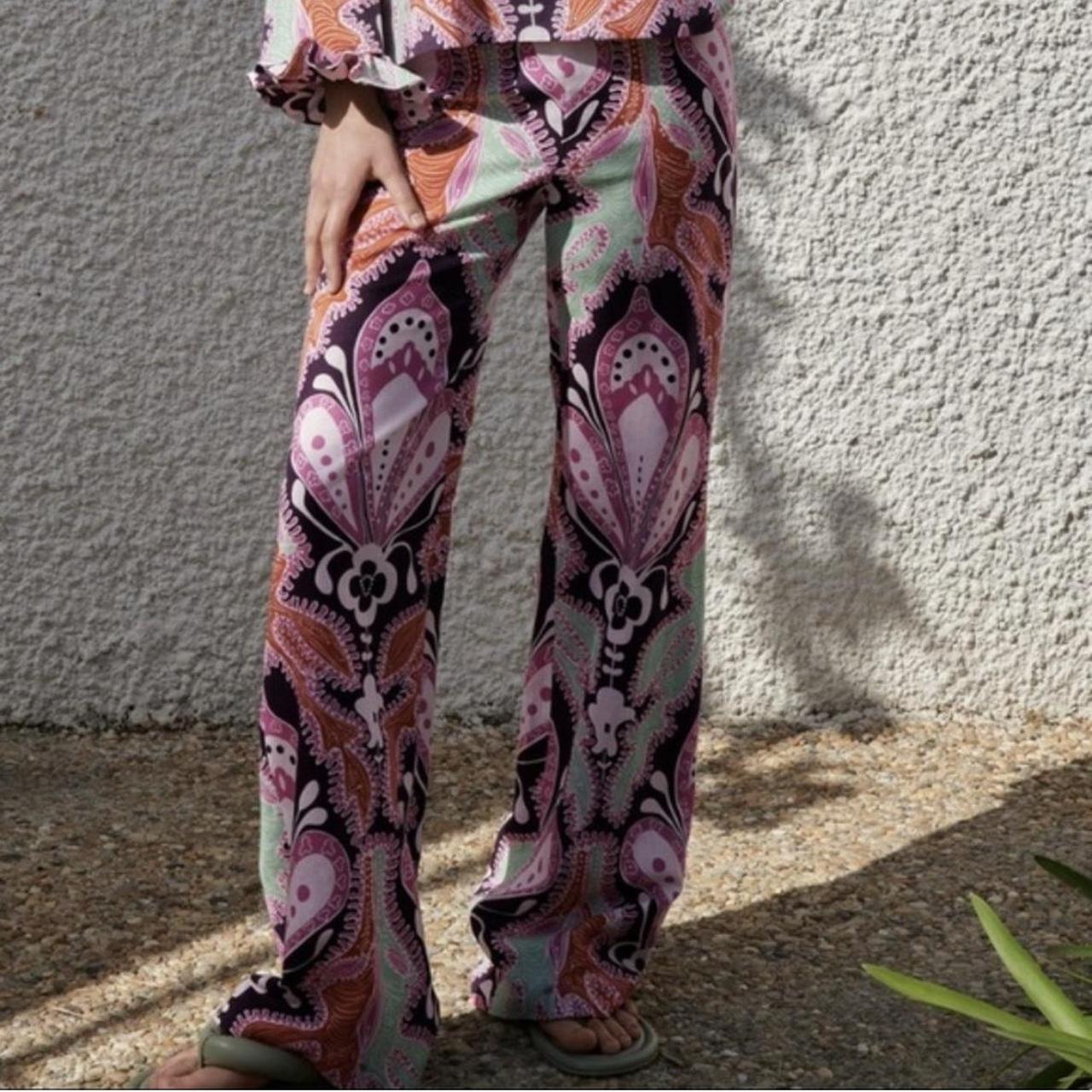 Zara linen blend printed flare trousers pants XS - Depop
