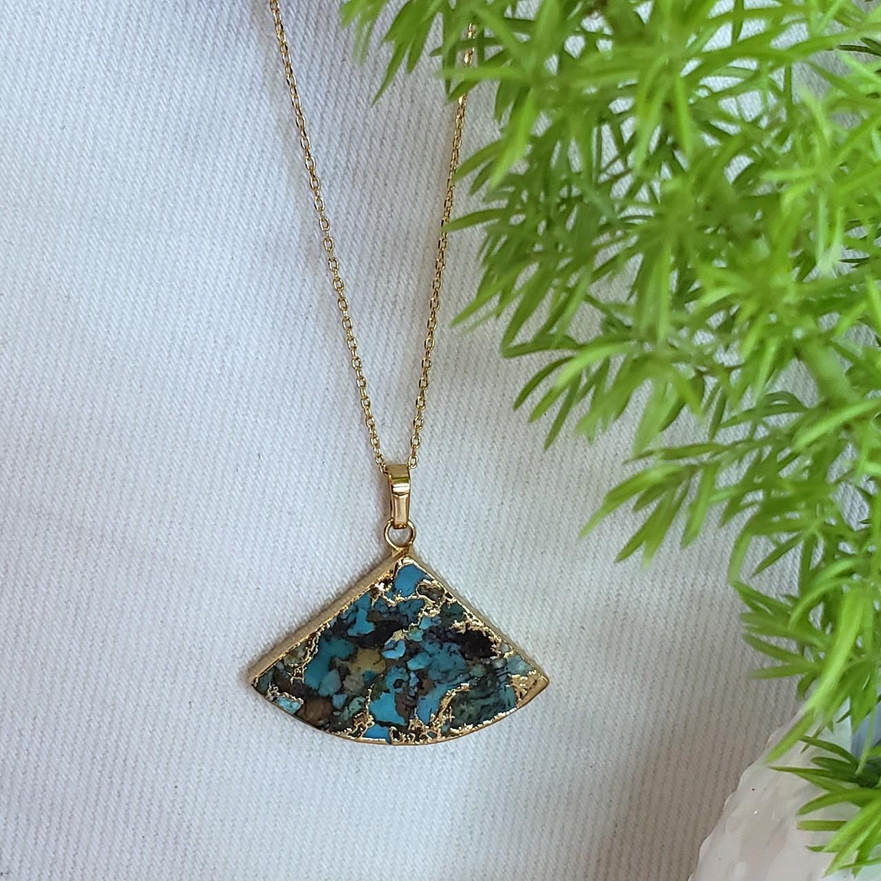 Gold Plate over brass Fan Turquoise Pendant... Depop