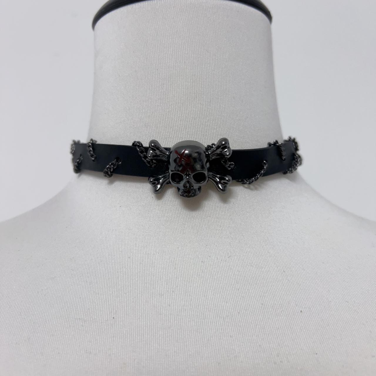 Punk faux leather choker, y2k skull choker(choker... Depop