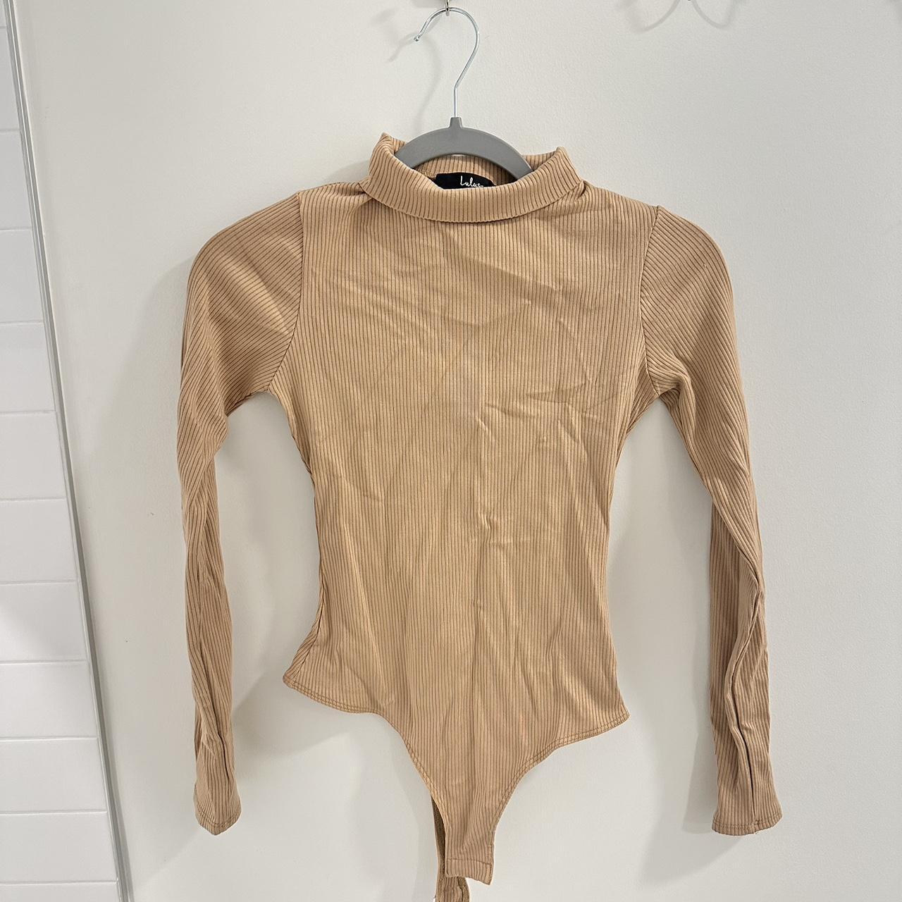 Wilde Beige Ribbed Long Sleeve Mock Neck Bodysuit