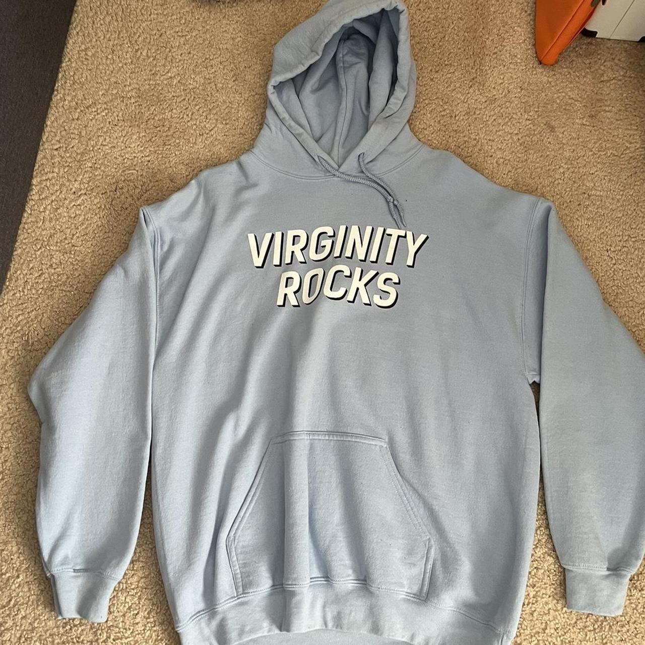 Large light blue Virginity Rocks hoodie worn a