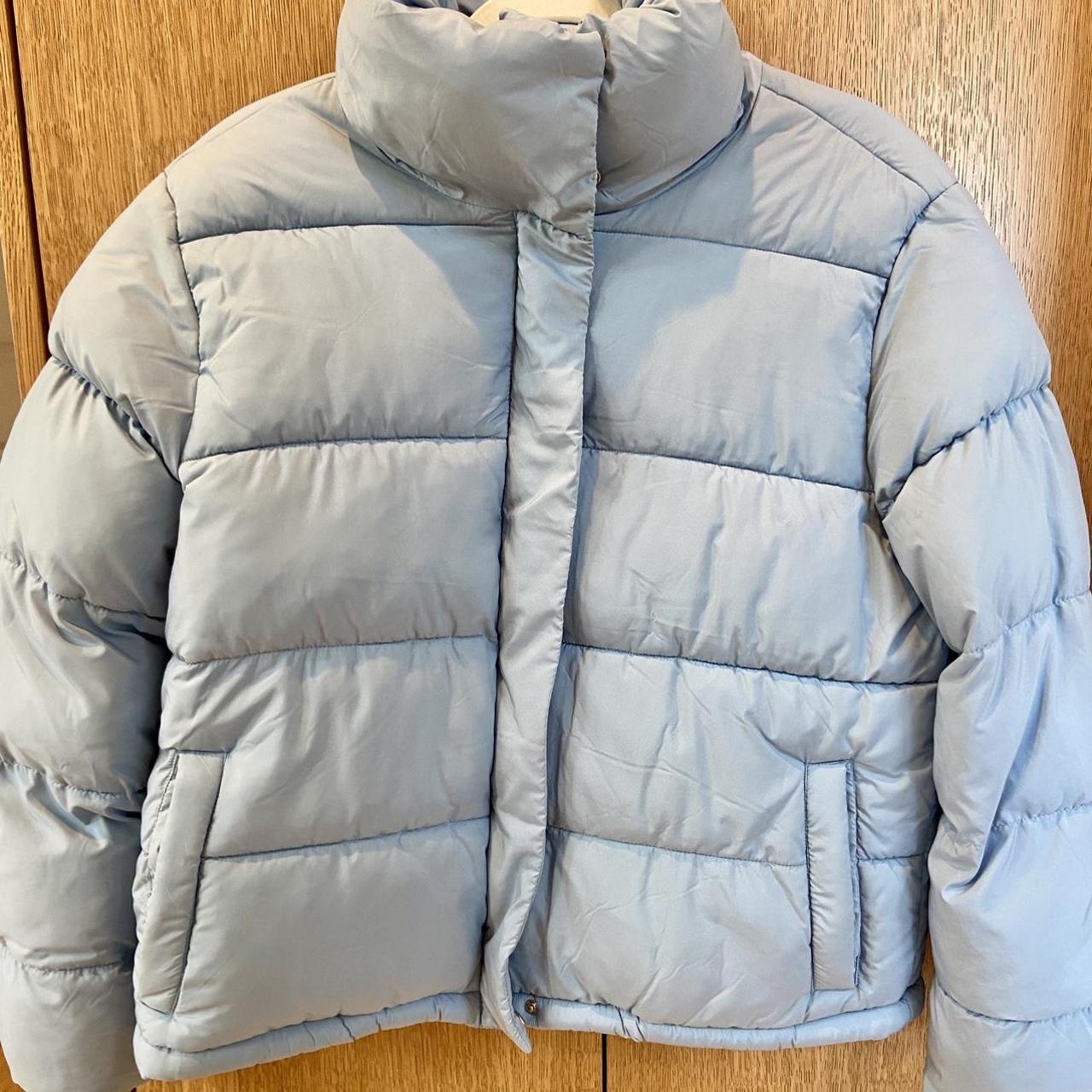 Puffy jacket, light blue, high funnel neck if you... - Depop