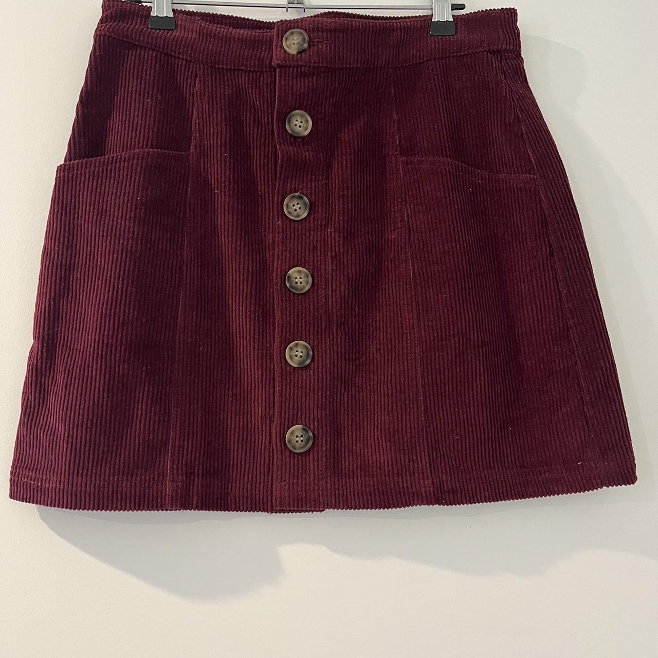 Dotti maroon corduroy mini skirt Size 10 Button up... - Depop