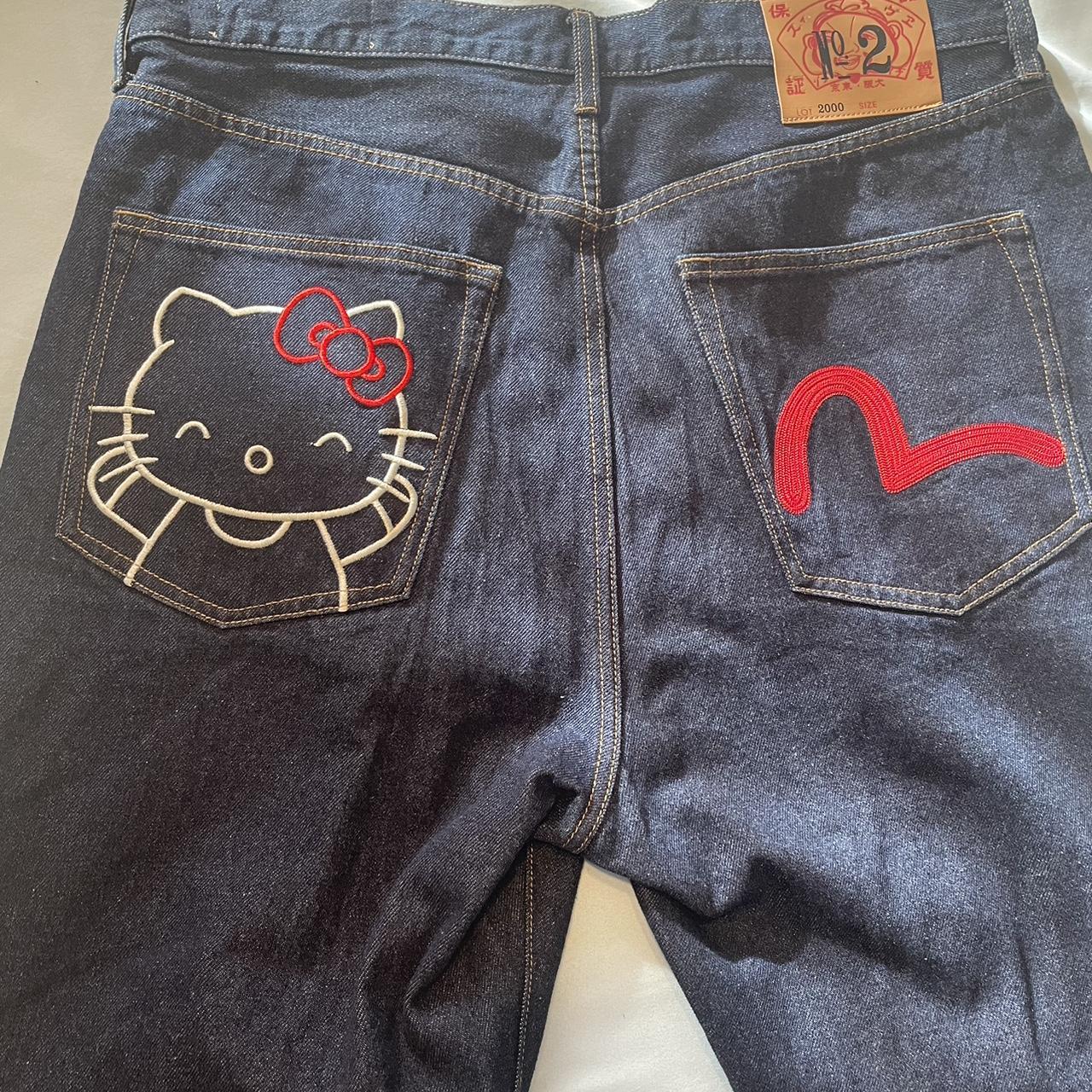 evisu x hello kitty jeans worn once size xxl people... - Depop