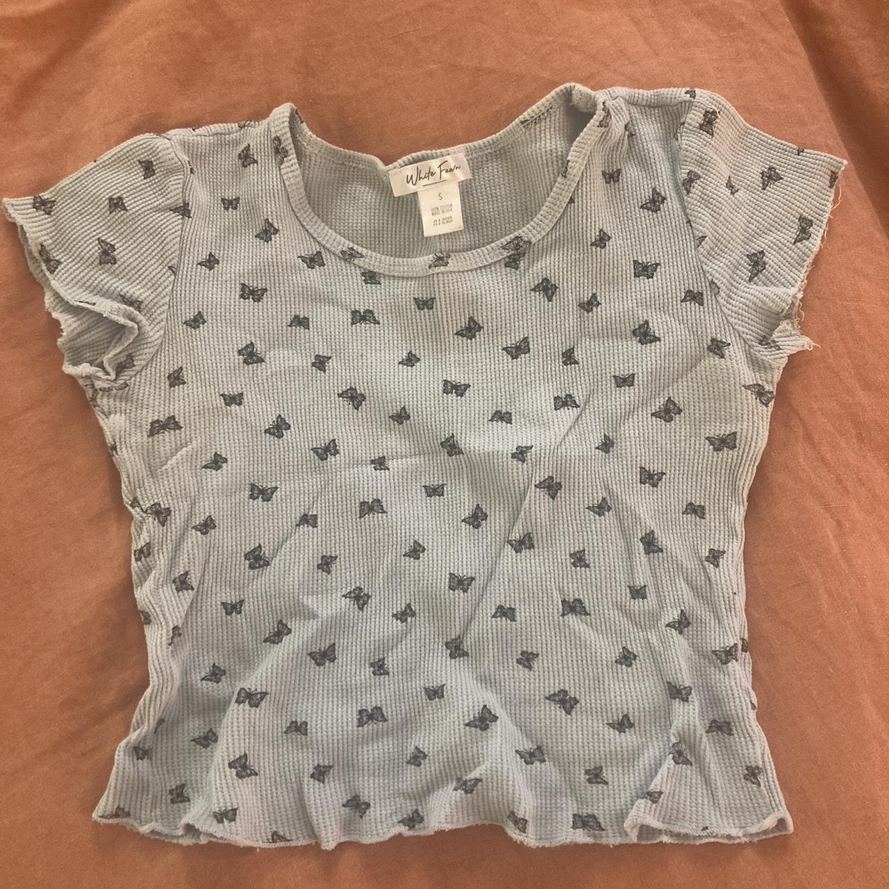 Baby blue cropped butterfly waffle material t... - Depop