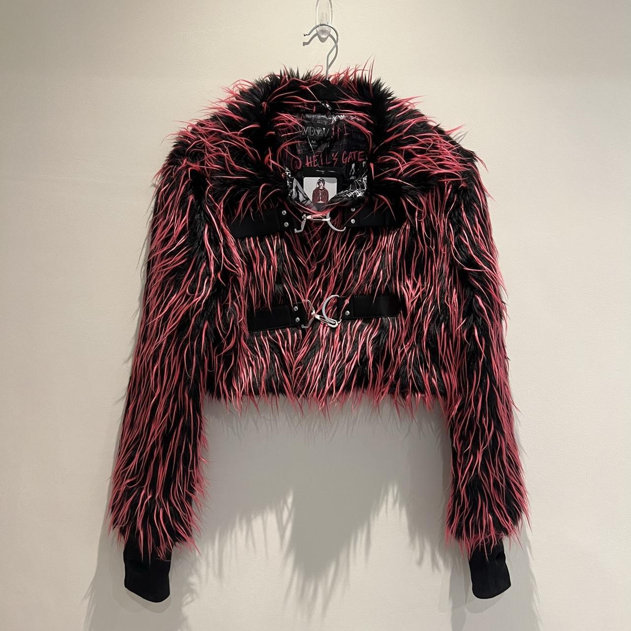 Dolls Kill pink & black faux fur cropped jacket... - Depop