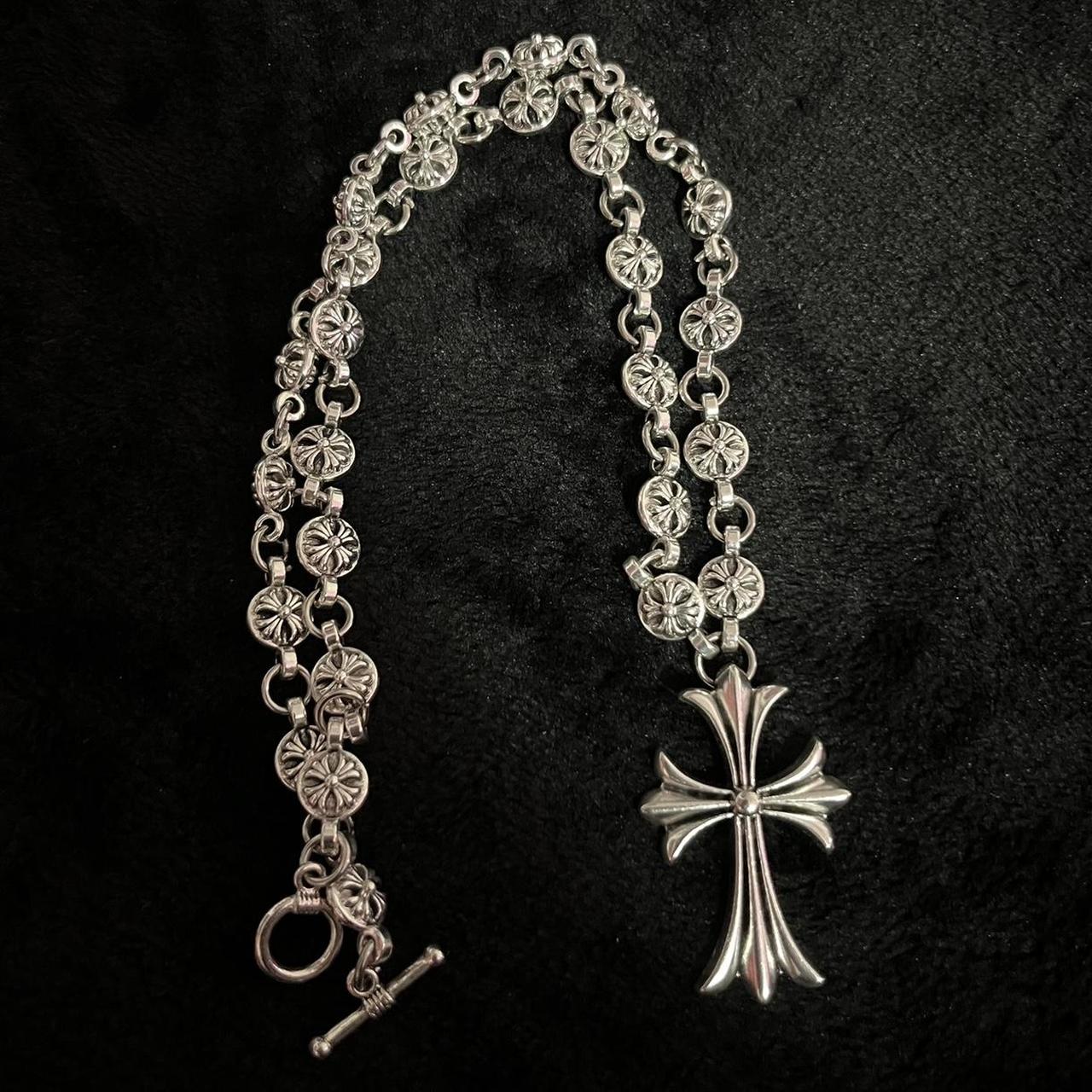 silver chrome heart cross necklace - 23 inch... - Depop