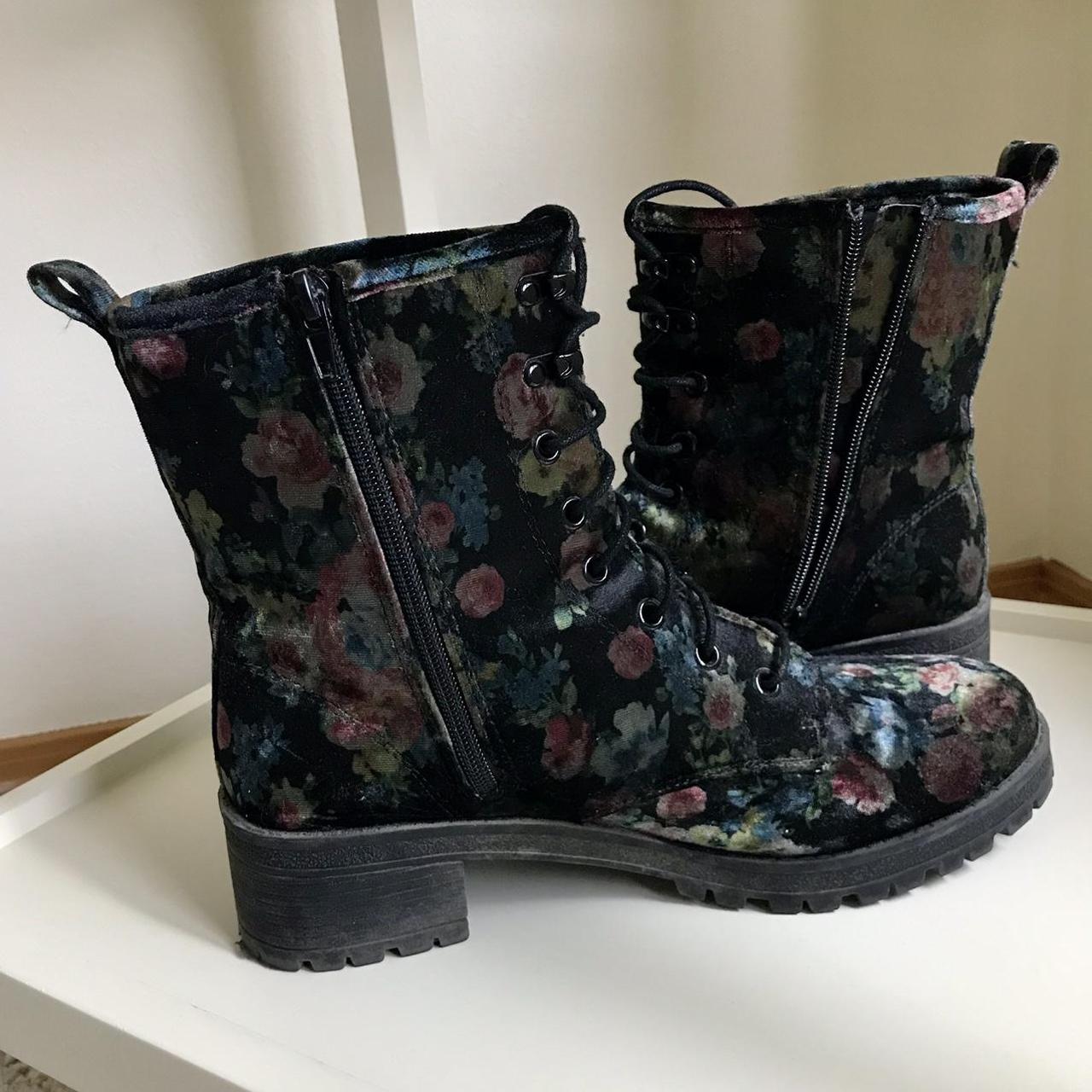 Floral combat boots. Velvet texture with lace up and... - Depop
