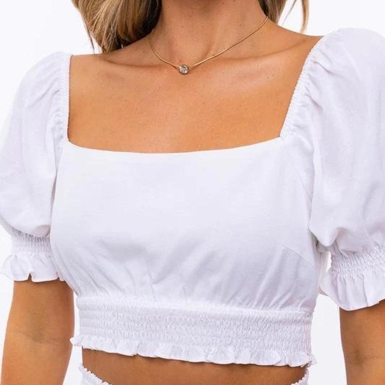 Lelis white puff sleeve tie back crop top. Size xs... - Depop