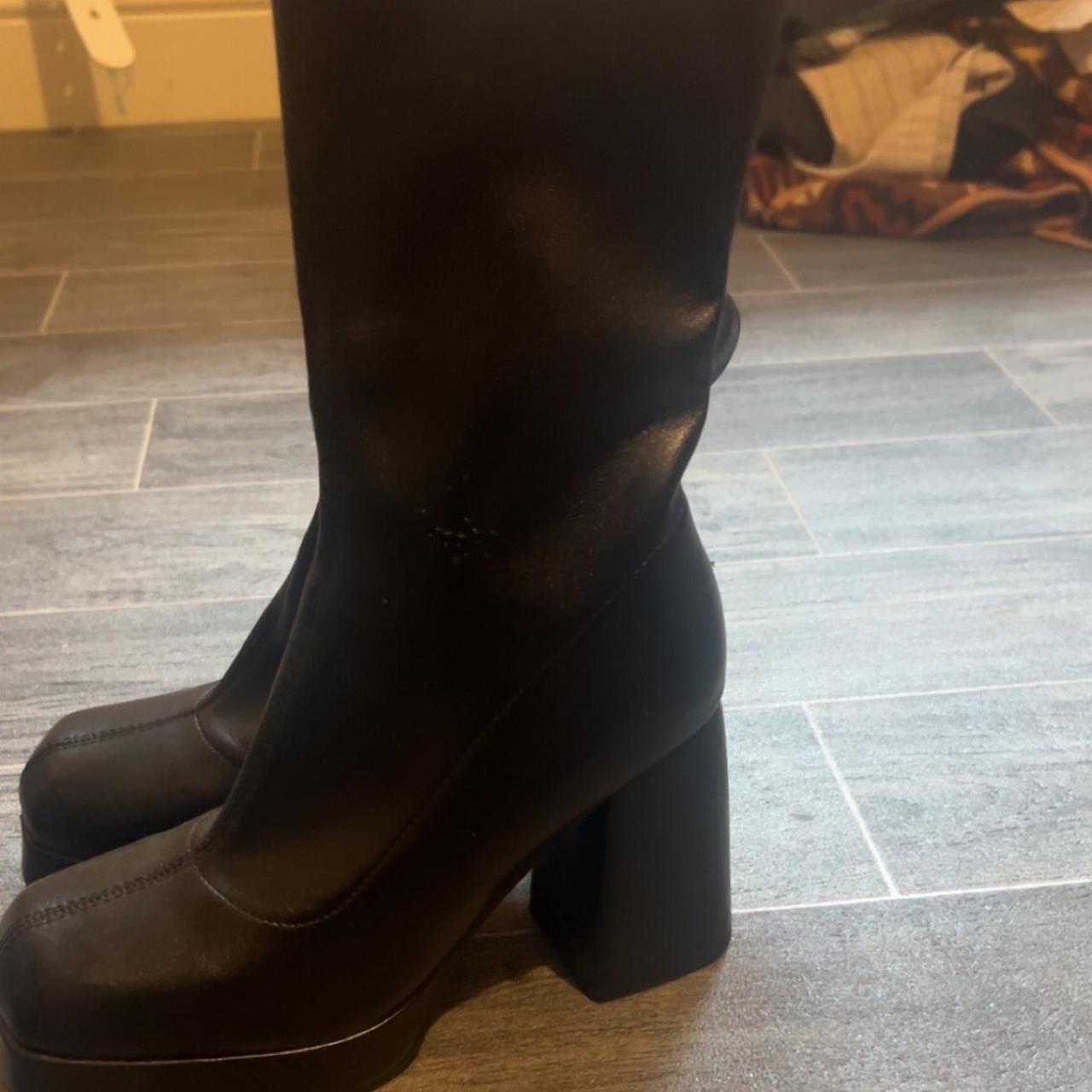 black faux leather gogo boots, few little pulls on... - Depop