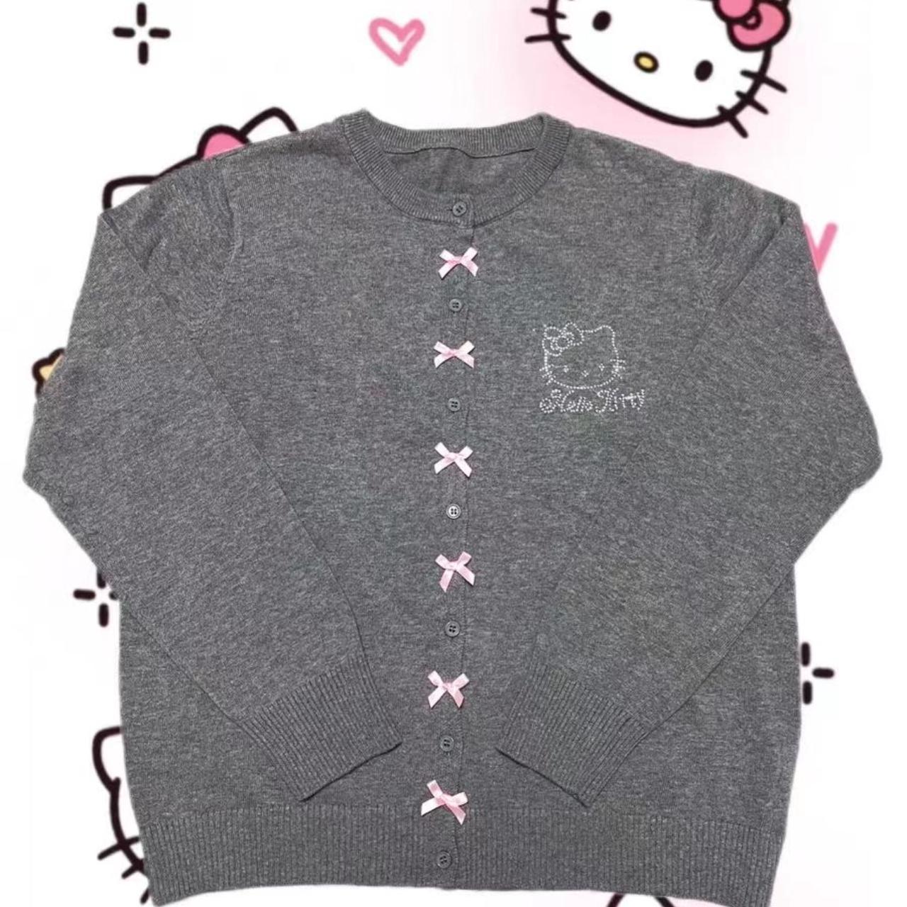 Hello Kitty Grey Knitted Cardigan with Knot Bow S:... - Depop