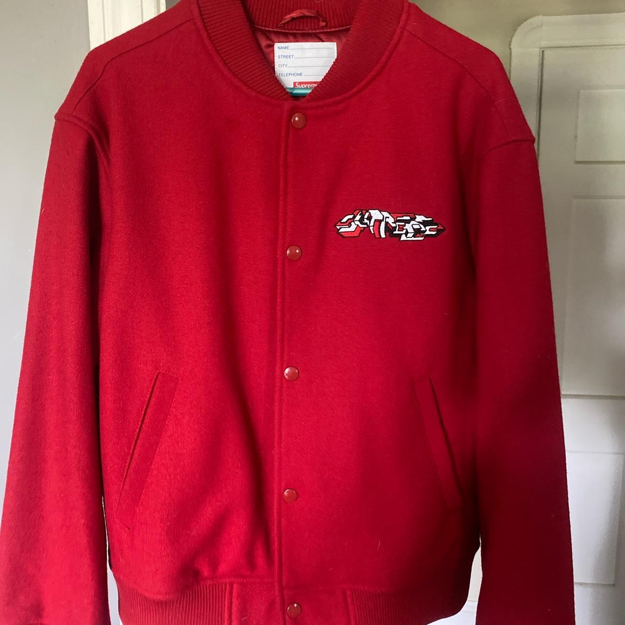 2019 supreme delta logo red varsity jacket like new - Depop