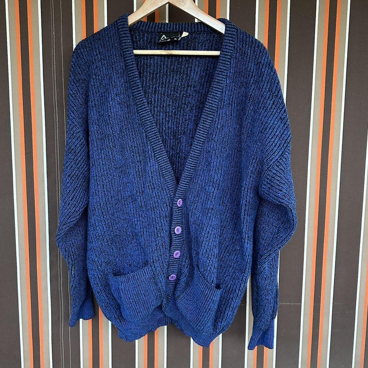 Vintage 80s blue wool men's cardigan with purple... - Depop